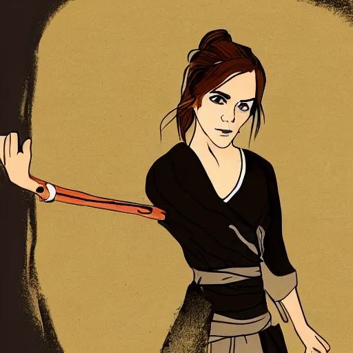 Image similar to an illustration of emma watson dressed like a japanese ninja