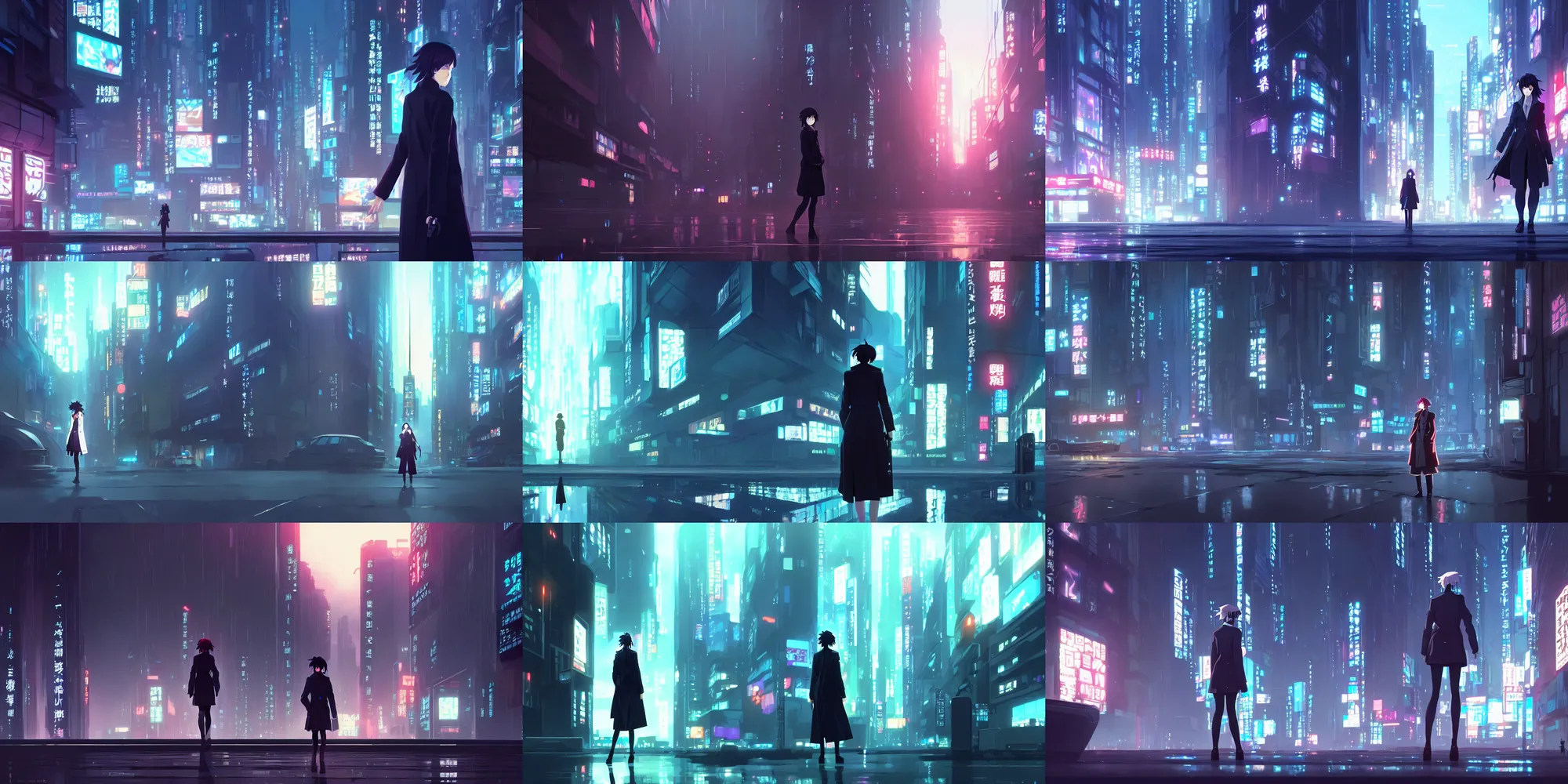 Prompt: a high definition screenshot from the detective ( noir ) cyberpunk anime film ; a lone ( ( female detective in a trenchcoat ) ) investigates a dreamworld, digital painting by makoto shinkai and martin ansin, surrealism, trending on artstation