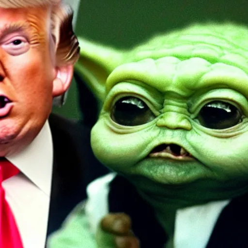 Prompt: donald trump screaming at baby yoda