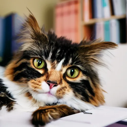 Image similar to very cute huge calico main coon towers over shorthair domestic cat in office, portrait, pixar style, cinematic lighting, award winning creature portrait photography