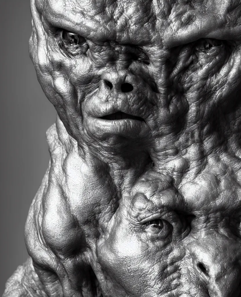 Image similar to a heroic portrait of a humanoid alien, low camera angle, 50mm lens, dramatic rim lighting