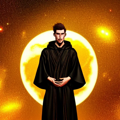 Prompt: a man with with brown hair, wearing a black robe with the tips made of gold, setting in space with a galaxy in the backround, depth of field, on amino, by sakimichan patreon, wlop, weibo high quality art on artstation