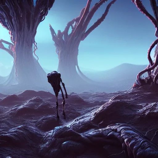 Image similar to a creature made out of visible arteries and veins and bones and muscles and spine and nerves, walking on an alien planet with aliens plants, looking at an alien breathtaking landscape, cinematic lighting, concept art, artstation