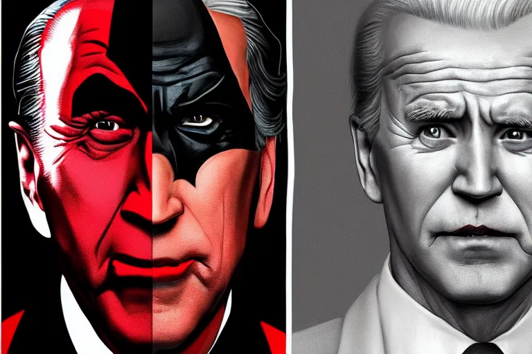 Prompt: Joe biden as batman vs donal trump as joker beautiful androgynous prince, featured on artstation, cinematic chiaroscuro, digital art by Leyendecker and Norman Rockwell