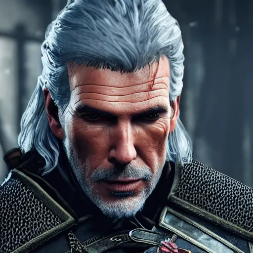 Image similar to Pierce Brosnan in The Witcher 3, highly detailed, high quality, HD, 4k, 8k, Canon 300mm, professional photographer, 40mp, lifelike, top-rated, award winning, realistic, sharp, no blur, edited, corrected, trending