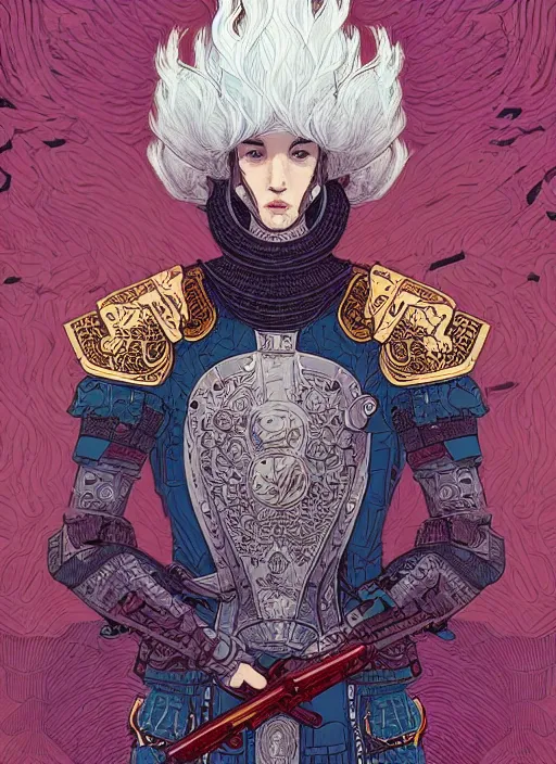 Prompt: beautiful illustration of a white haired knight with a falcon armor, in the style of james jean and victo ngai and sam guay and moebius, vibrant moody colors, trending on artstation