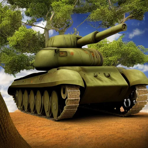 Prompt: a photo of a tank stuck in a giant tree, realistic, ultra high detail, 8 k.