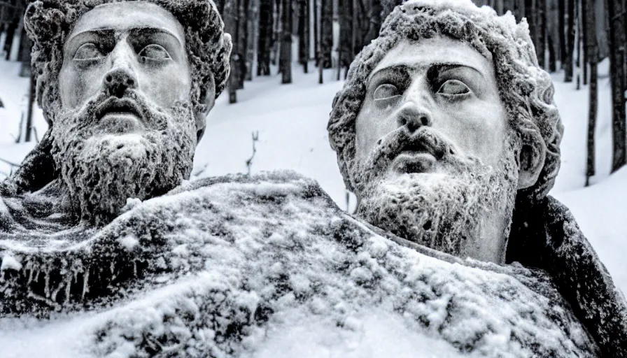 Image similar to 1 9 6 0 s movie still close up of marcus aurelius frozen to death in a dirty cape yelling in the snow, pine forests, cinestill 8 0 0 t 3 5 mm b & w, high quality, heavy grain, high detail, texture, dramatic light, anamorphic, hyperrealistic, detailed hair