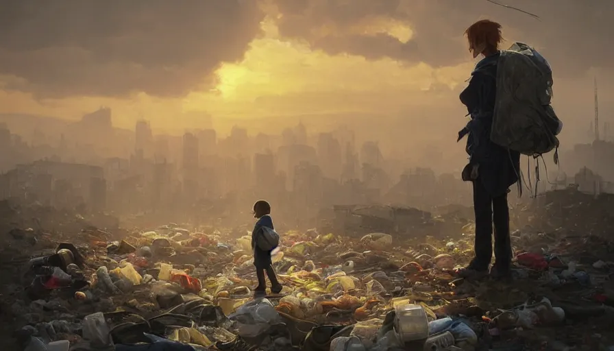 Image similar to poor detailed child with backpack standing at cars looking for food at garbage dump, destroyed cars, city is pure wasteland, moody sunset in background, greg rutkowski, alphonse mucha, trending on artstation, artgerm, unreal engine, breathtaking, award winning, highly detailed