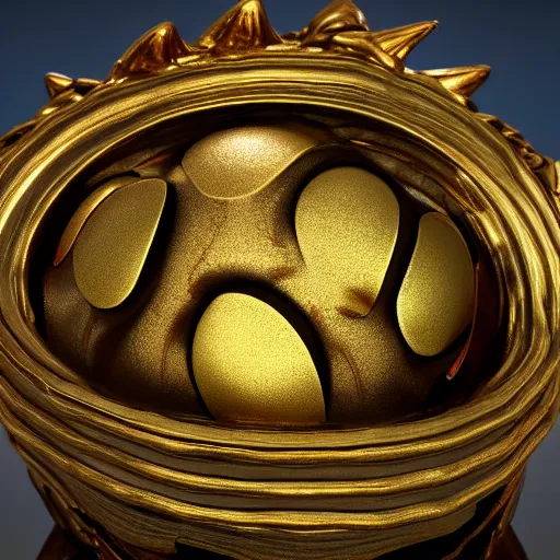 Image similar to glowing metallic dragon scale egg sitting on a nest of gold objects, photorealistic, symmetrical, unreal engine