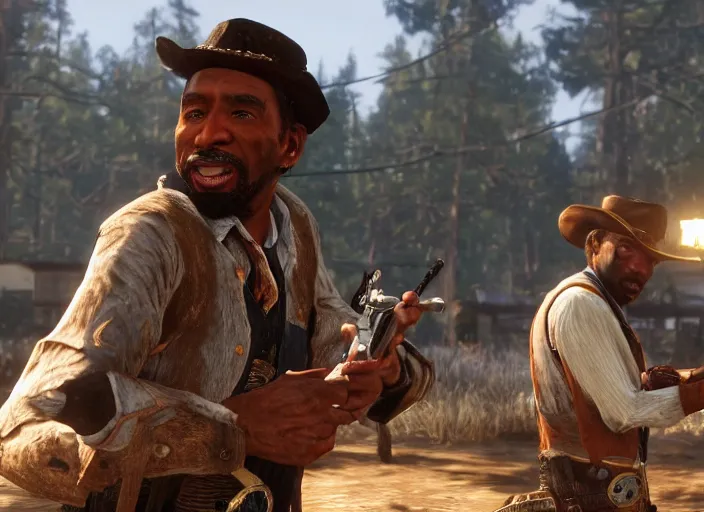 Prompt: still of stephen a. smith from espn's first take as a cowboy in red dead redemption, playstation 3, ps 3