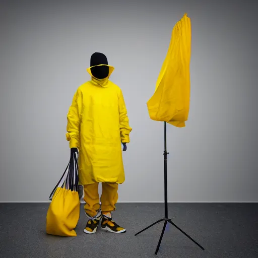 Image similar to photo studio with foggy background. yellow tent on floor. fisherman in balenciaga cloth, plastic bag and black mask. photorealistic high resolution, redshift render, 8 k