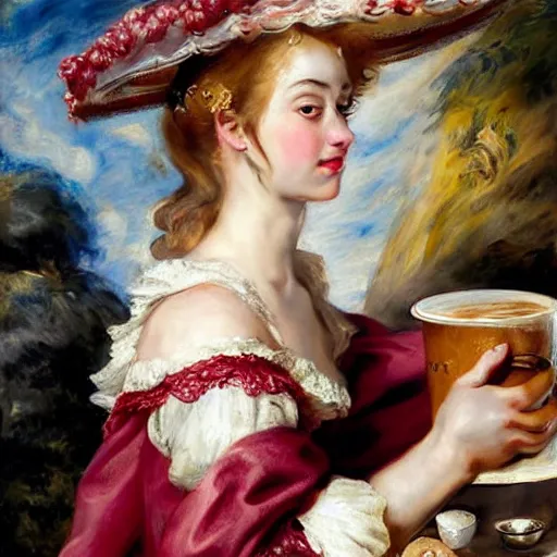 Prompt: heavenly summer sharp land sphere scallop well dressed lady drinking a starbucks coffee, auslese, by peter paul rubens and eugene delacroix and karol bak, hyperrealism, digital illustration, fauvist, starbucks coffee