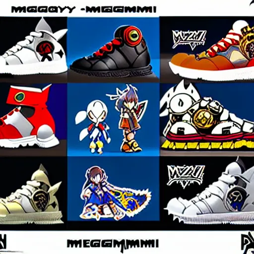 Image similar to fantasy jrpg sneaker design designed by capcom megaman, chrono trigger guilty gear sneaker styles, aztec mayan street fashion native punk sneaker design, focus on megaman hip hop sneaker design with subtle mayan patterns, trending on pixiv fanbox, painted by akira toriyama and studio ghibli princess mononoke megaman capcom