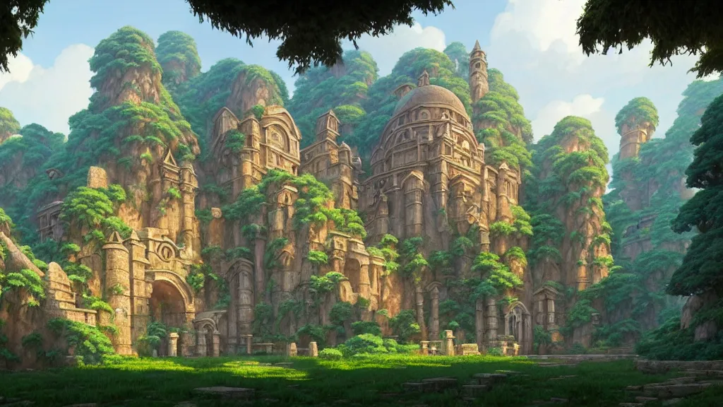 Image similar to ancient monastery ruins, studio ghibli, pixar and disney animation, sharp, rendered in unreal engine 5, highly detailed, digital painting, artstation, concept art, smooth, sharp focus, illustration, wide angle, artbook, wallpaper, splash art, promo art, dramatic lighting, art by artgerm and greg rutkowski and bo chen and jin xiaodi