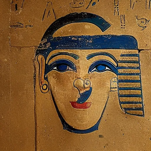 Image similar to an ancient egyptian hieroglyph of a clown emoji on display at a museum