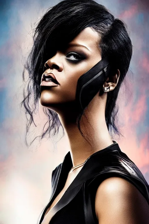 Image similar to rihanna as black widow in avengers, realistic portrait photography, very detailed face