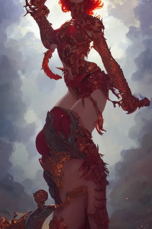 Prompt: portrait of a lithe stunningly beautiful red headed ifrit genie - kin paladin, female, upper body, fantasy, intricate, elegant, highly detailed, digital painting, artstation, concept art, sharp focus, illustration, art by artgerm and greg rutkowski and alphonse mucha