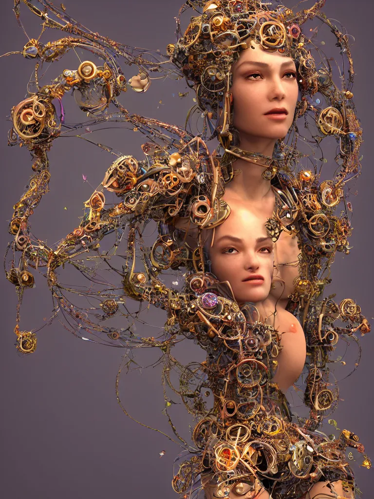 Image similar to a centered beautiful goddesses is surounded by intertwining bio - mech tendrils made of machine and robot parts and gemstones and leaves and feathers, full body, gorgeous face, perfect face, powerful, by justin gerard and james jean, 3 d, cinema 4 d render, trending on artstation, octane render, 8 k