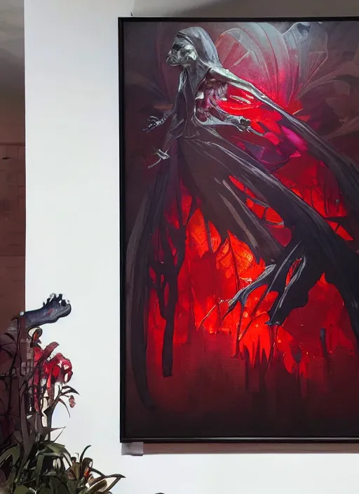 Image similar to view through window! nosferatu, red splash aura in motion, church! floating pieces, painted art by tsuyoshi nagano, greg rutkowski, artgerm, alphonse mucha, spike painting