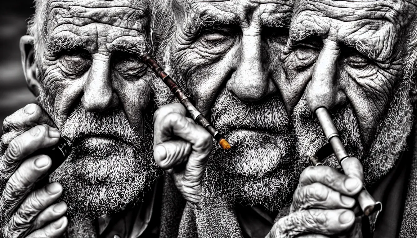 Prompt: hyper realistic color photo, portrait of a weathered old man smoking pipe, dramatic shadow!!, full colour, upscale, 8 k, masterpiece