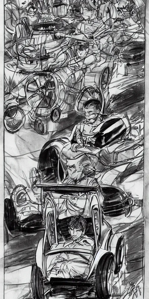 Image similar to a man in a chariot in tokyo, driving fast, drawn like the anime speed racer