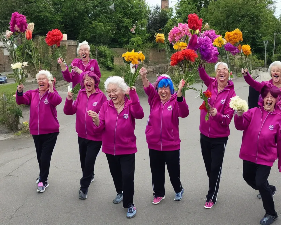 Prompt: a gang of old ladies waving flowers and large hammers, and wearing Umbro track suits laughing maniacally and screaming