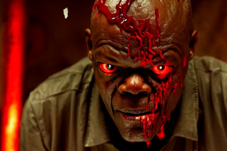 Image similar to samuel l. jackson as a zombie, blood, decay, cinematic lighting, portrait, medium shot, horror movie still