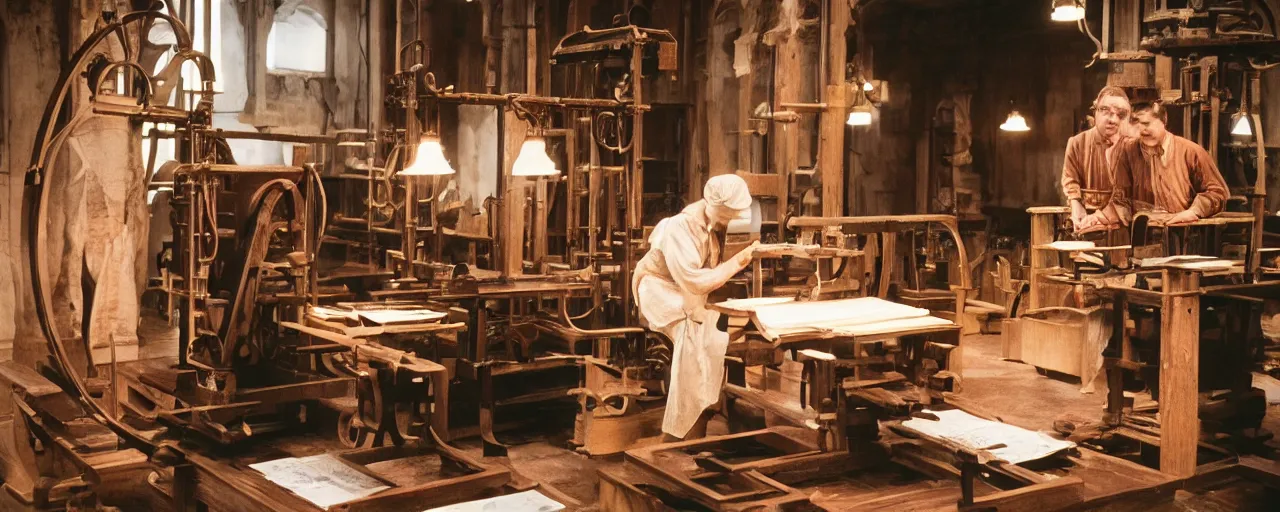Prompt: the invention of the printing press using spaghetti, small details, intricate, canon 8 0 mm, cinematic lighting, wes anderson film, kodachrome