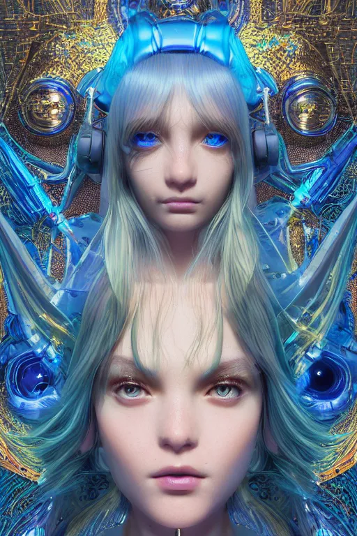 Image similar to Portrait of a psychedelic sci-fi goddess, third person, D&D, sci-fi fantasy, intricate, blue and gold, highly detailed , art by Range Murata, highly detailed, 3d, octane render, bright colors, digital painting, trending on artstation, sharp focus, illustration style of Stanley Artgerm,