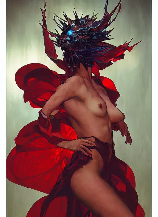 Image similar to symmetry! portrait of spawn, red spike aura in motion, floating pieces, painted art by tsuyoshi nagano, greg rutkowski, artgerm, alphonse mucha, spike painting