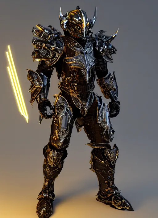 Image similar to a photorealistic 3D render of a full body dark side knight (as an archetypal DnD isekai Demon Lord from Final Fantasy) wearing power armor made of gold and silver and organic floral components, inspired by Fallout, unreal engine, octane render, cinematic lighting, a sense of evil, detailed hard surface boss character concept art, character design, hyper realism, high detail, depth of field, stunning cgsociety, HD, HDR, 4k