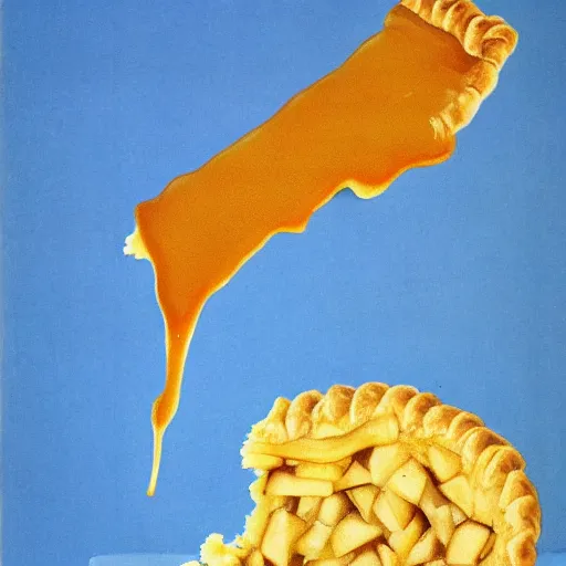 Prompt: 1 thick slice of apple pie floating on a blue background, chesley bonestell, vincent di fate, apple filling inside golden crust, large slice, dripping syrup