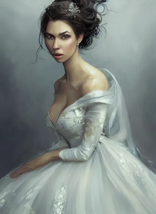 Image similar to a beautiful woman in an elaborate ballgown. beautiful highly detailed face, looking directly at the viewer. painting by artgerm and greg rutkowski and magali villanueve.