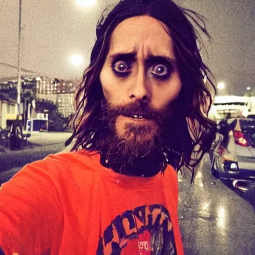 Image similar to this homeless man looks like jared leto if he was poor asf, accidentally taking a selfie, front camera, camera flash is so bright in his face, viral, selfie, viral on twitter, viral on instagram, viral photo