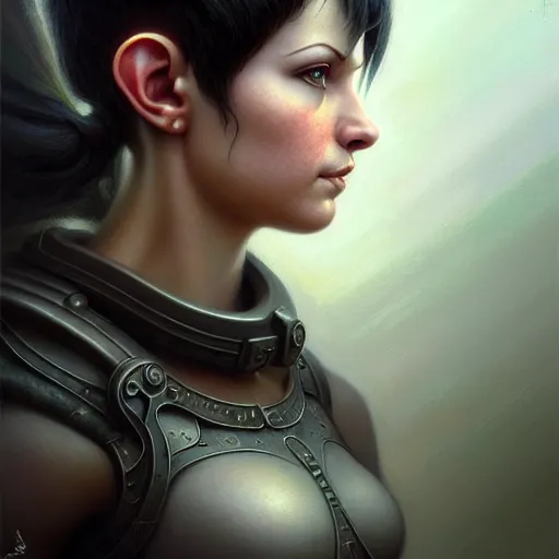 Prompt: portrait of a beautiful cute muscular charming realistic female gnome engineer, undercut black hair pixie cut, d & d, micro detail, intricate, elegant, highly detailed, centered, rule of thirds, artstation, sharp focus, illustration, artgerm, tomasz alen kopera, donato giancola, wlop