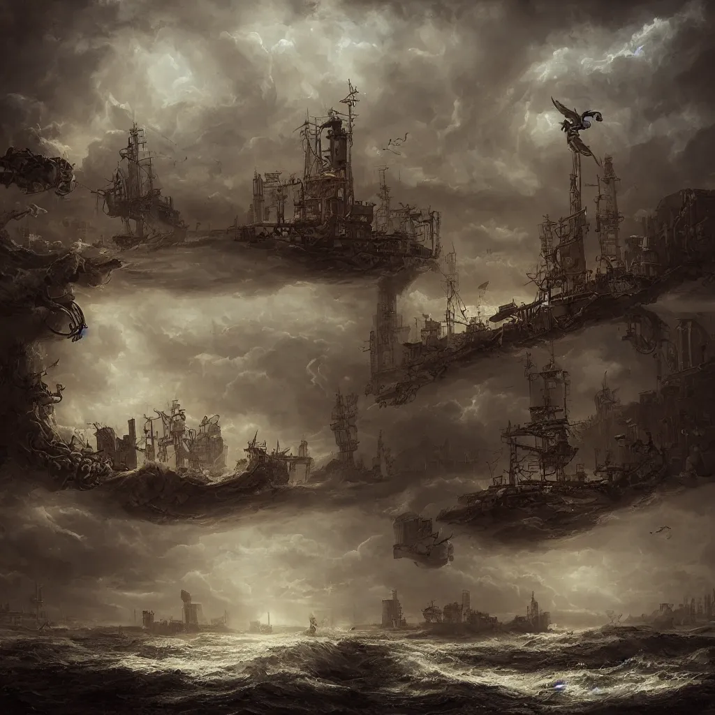 Prompt: hourglass 1 8 th century style with ship on a stormy sea in it, placed in a post - apocalyptic desert, with broken down factories in the background, doomy, artwork, hellscape, artistic, in the style of dariusz zawadzki, gloomy, trending on artstation