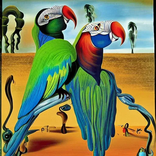 Prompt: A picture of happy parrots with big ears, painted by salvador dali