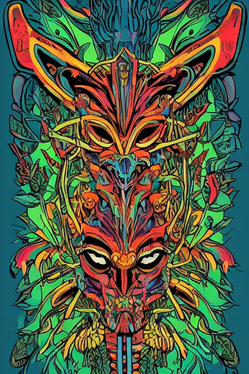 Image similar to animal mask totem roots flower tribal feather gemstone plant wood rock shaman vodoo video game vector cutout illustration vivid multicolor borderlands comics by josan gonzales and dan mumford radiating a glowing aura