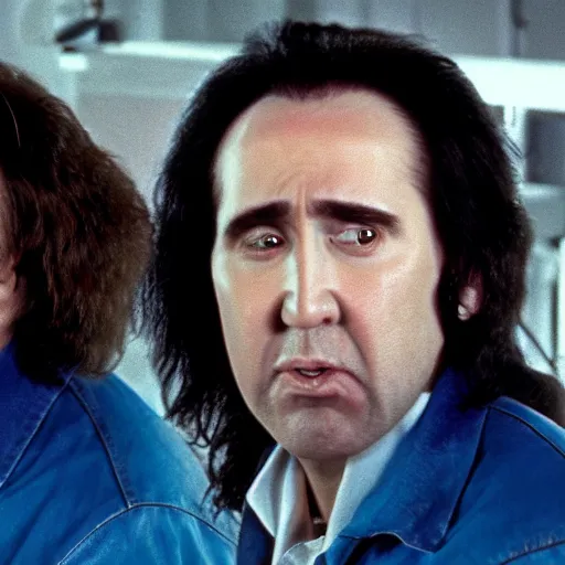 Image similar to filmic extreme close up shot movie still 4 k uhd interior 3 5 mm film color photograph of nicolas cage and tommy wiseau as two scientists arguing and yelling in a lab in antartica