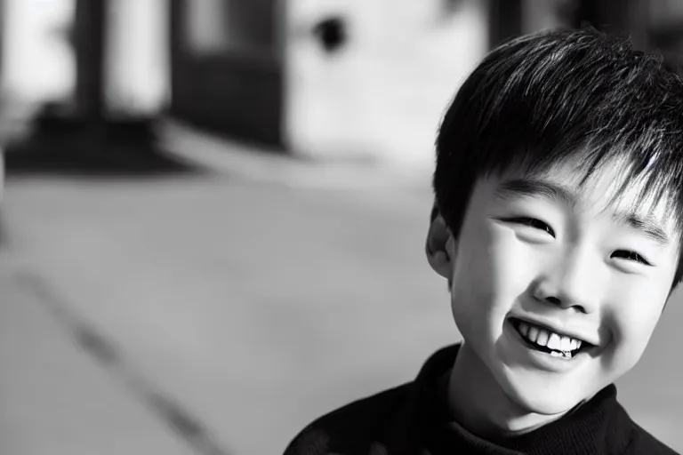 Image similar to still photo of a korean boy smiling at the camera on the street, black and white color aesthetic, highly detailed, photorealistic portrait, bright studio setting, studio lighting, crisp quality and light reflections, unreal engine 5 quality render