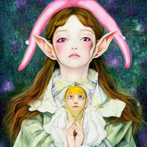 Prompt: little elf girl, santa claus suit, soft hair. light color palate, purple, yellow and white. detailed soft painting, ayami kojima, made in abyss, anatomically correct, inspired in balthus, high detailed face anime, vogue magazine, glorious composition