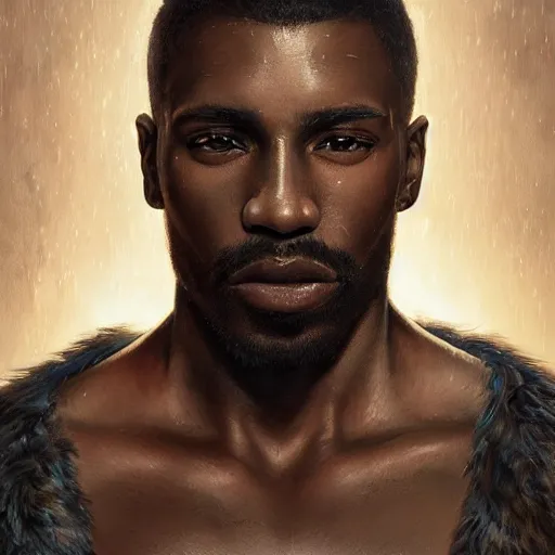 Image similar to portrait painting of a beautiful black man with cut scars and cropped hair wearing a tattered fur coat, ultra realistic, concept art, intricate details, eerie, highly detailed, photorealistic, octane render, 8 k, unreal engine. art by artgerm and greg rutkowski and charlie bowater and magali villeneuve and alphonse mucha