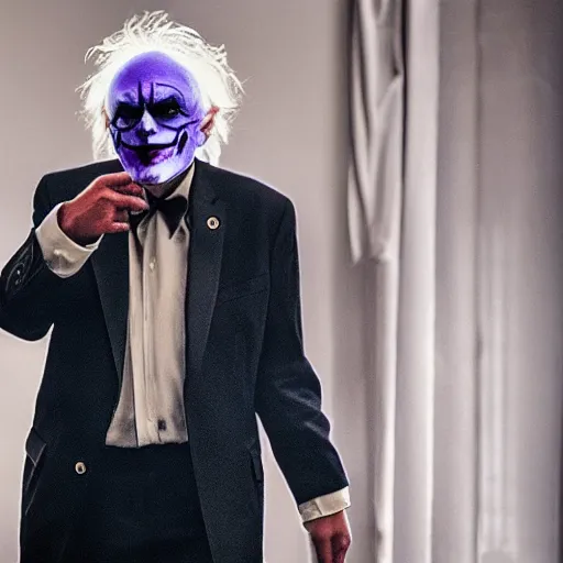 Image similar to stunning awe inspiring bernie sanders dressed as the joker movie still 8 k hdr atmospheric lighting