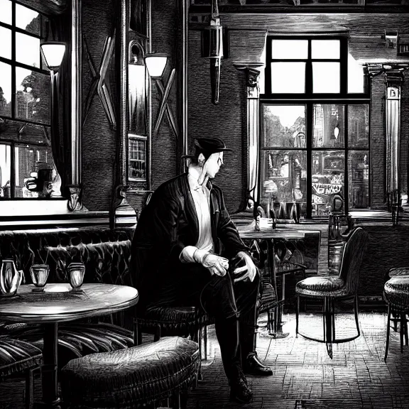 Image similar to the devil monster and a handsome gentleman sitting in a pub, film noir style, black and white and red colors, establishing shot, highly detailed, digital painting, artstation, concept art, smooth, sharp focus, illustration, Unreal Engine 5, 8K, art by artgerm, realistic painting