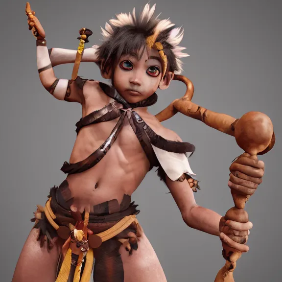 Image similar to 3 d render of a cute tribal anime boy in a loincloth, body paint, lithe, fantasy artwork, fluffy hair, mid - shot, award winning, hyper detailed, very very very beautiful, studio lighting, artstation, unreal engine, unreal 5, 4 k, octane renderer