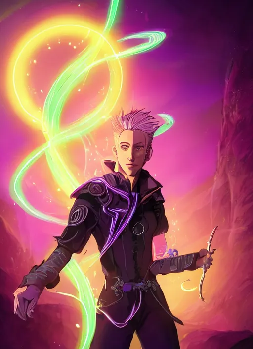 Prompt: character concept portrait of a handsome young wizard with olive skin and buzzed short spiky hairstyle casting a spell with apleasantly surprised expression. glowing runes in swirling neon light, an iridescent spell book hovering in mid-air. glowing magic dust swirling. intricate, elegant, digital painting, concept art, smooth, sharp focus, illustration, from Metal Gear, by Ruan Jia and Mandy Jurgens and Artgerm and William-Adolphe Bouguereau