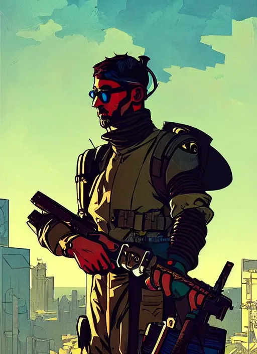Prompt: cyberpunk spanish mercenary with scenic background. portrait illustration, pop art, art by ashley wood, alphonse mucha, laurie greasley and josan gonzalez. cinematic. dynamic lighting. realistic proportions. creative design. cell shading