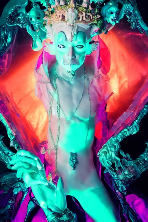 Prompt: photo of fullbody rococo and cyberpunk delicate neon crystalline sculpture of seductive muscular onyx albino marble prince joe jonas teal iridescent humanoid deity wearing hotpink plastic hooded cloak holding an onyx skull in a ruby space dungeon, reclining, glowing orange face, crown of white skulls, cinematic lighting, photorealistic, octane render 8 k depth of field 3 d