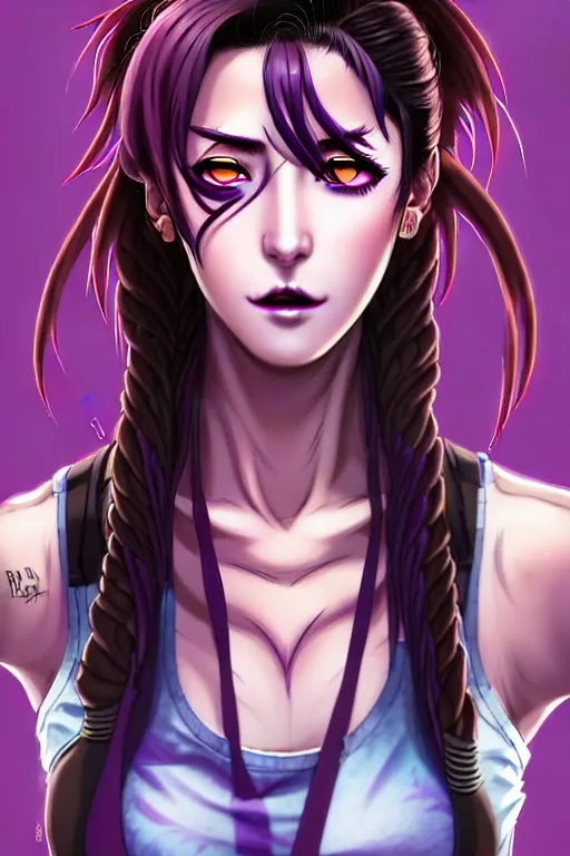 Prompt: a portrait of dilraba dilmurat as revy from black lagoon, smirk, black tank top, jean shorts, brown eyes, purple hair, tribal tattoo slevve right arm, symmetrical eyes, symmetrical face, art by lois van baarle and loish and ross tran and rossdraws and sam yang and samdoesarts and artgerm